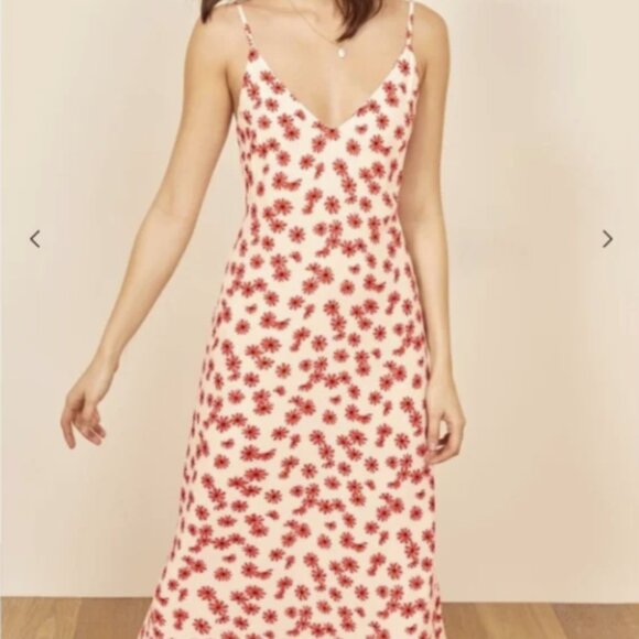 Reformation ALEXANDRA Ivory & Red Daisy Floral Sleeveless V-Neck Midi Dress - Picture 3 of 15
